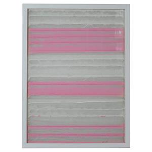 rectangular wooden shadow box with abstract horizontal lines in gray and pink