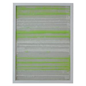 rectangular wooden shadow box with abstract horizontal lines in gray and green