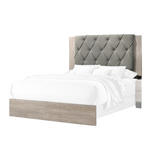 wooden eastern king bed with button tufted headboard in gray and cream
