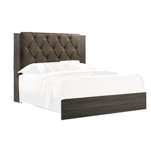 wooden california king bed with button tufted headboard in gray and brown