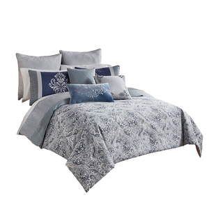 10 piece king polyester comforter set with damask prints in blue and gray
