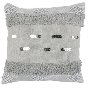 Textured Fabric Throw Pillow with Fringes and Sequins Embellishments in Gray