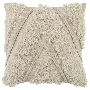 Square Fabric Throw Pillow with Shag Rug Fringe Details in Off White