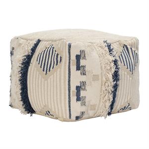 Fabric Pouf Ottoman with Woven Design and Fringe Details in Cream and Blue