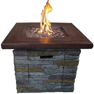square wood look gas fire pit with stone cladding in gray and brown