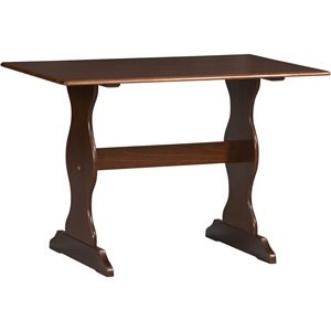 wooden rectangular table with curved pedestal style feet in dark brown