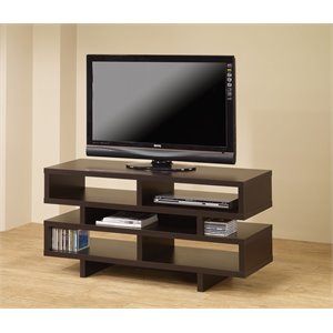 contemporary tv console with open storage in brown