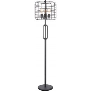 metal base caged shade lamp with open design and circular base in black