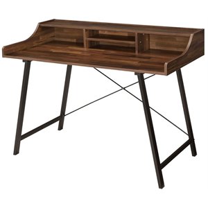 wooden desk with 4 open compartments and sawhorse base in brown and black
