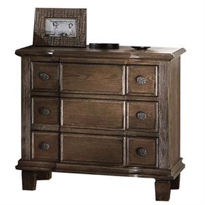 3 drawer nightstand with round knobs side metal glide in weathered oak finish