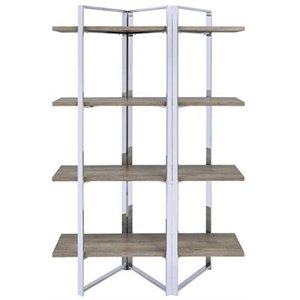 geometric metal frame bookshelf with four open wooden shelves in brown&silver