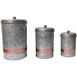benzara amc0014 galvanized metal lidded canister copper band set of 3 in gray
