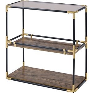 rechange glass top console table metal tubular frame&wood shelves in black&brown