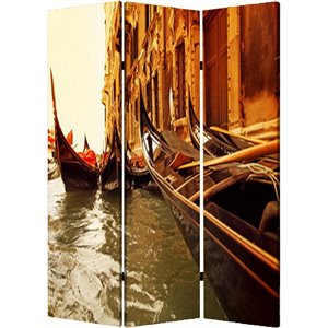 venice street printed foldable screen with 3 panels in brown