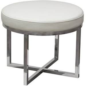 leather upholstered round accent stool with cross metal legs in white and chrome