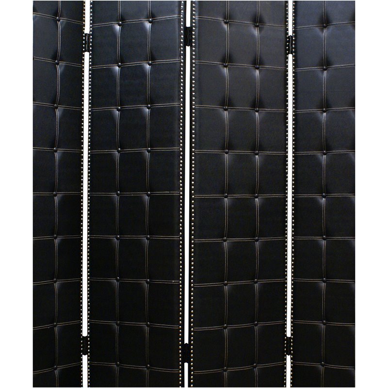 Wooden 4 Panel Screen with Button Tufting and Nailhead Trims in Black