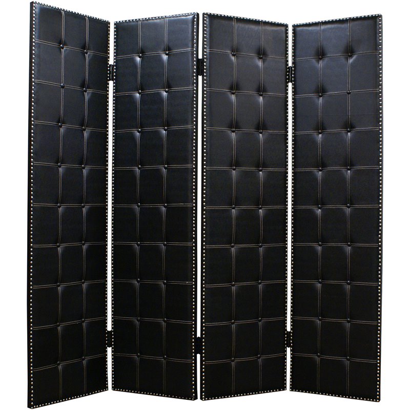 Wooden 4 Panel Screen with Button Tufting and Nailhead Trims in Black