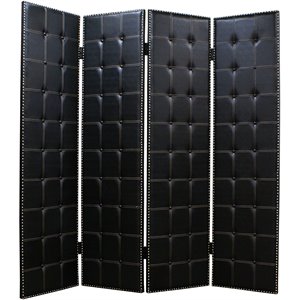 wooden 4 panel screen with button tufting and nailhead trims in black