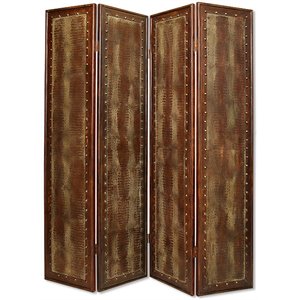 wooden 4 panel floor screen with nailhead trim accents in brown