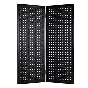 2 panel room divider with leatherette interwoven square cut outs in black