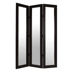 3 panel mirror room divider with leatherette frame in brown and silver
