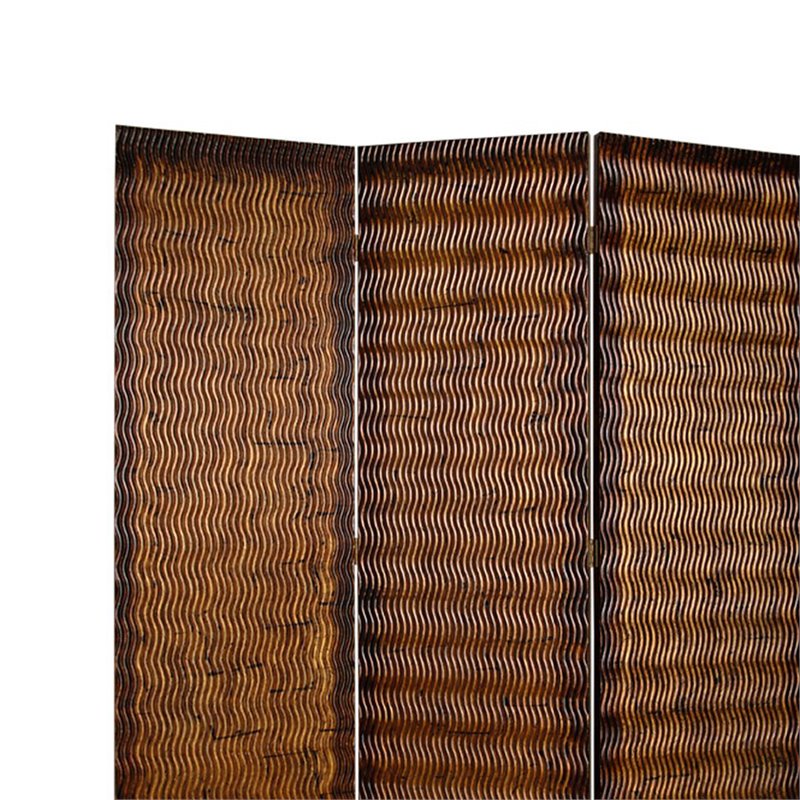 Dual Tone 3 Panel Wooden Foldable Room Divider with Wavy Design in Brown