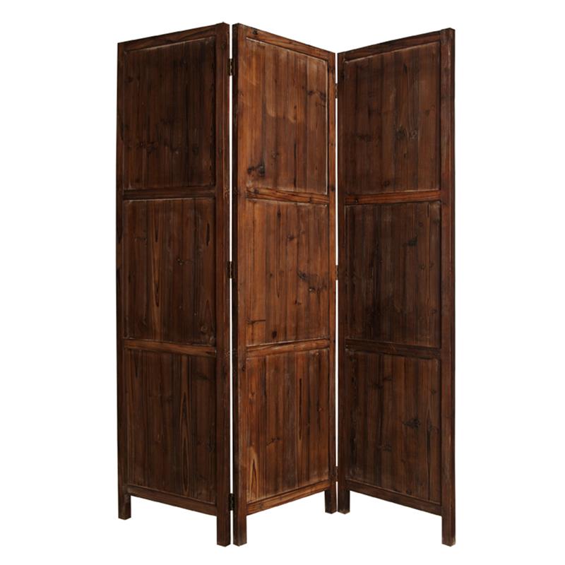 Wooden 3 Panel Room Divider with Plank Pattern in Brown