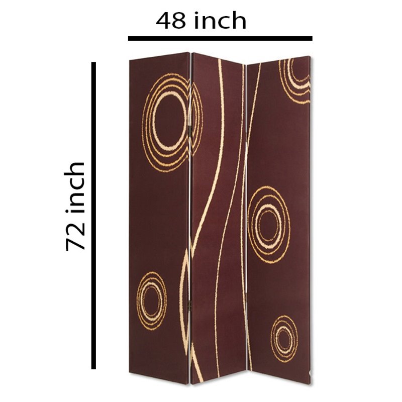 3 Panel Foldable Canvas Room Divider with Circle Design in Brown and Yellow