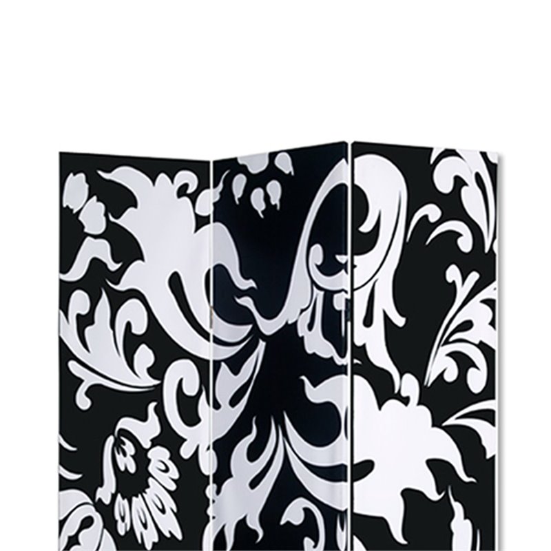 3 Panel Foldable Room Divider with Filigree Design in Black and White