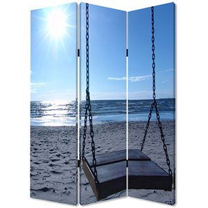 wooden 3 panel room divider with seaside screen pattern in blue and gray
