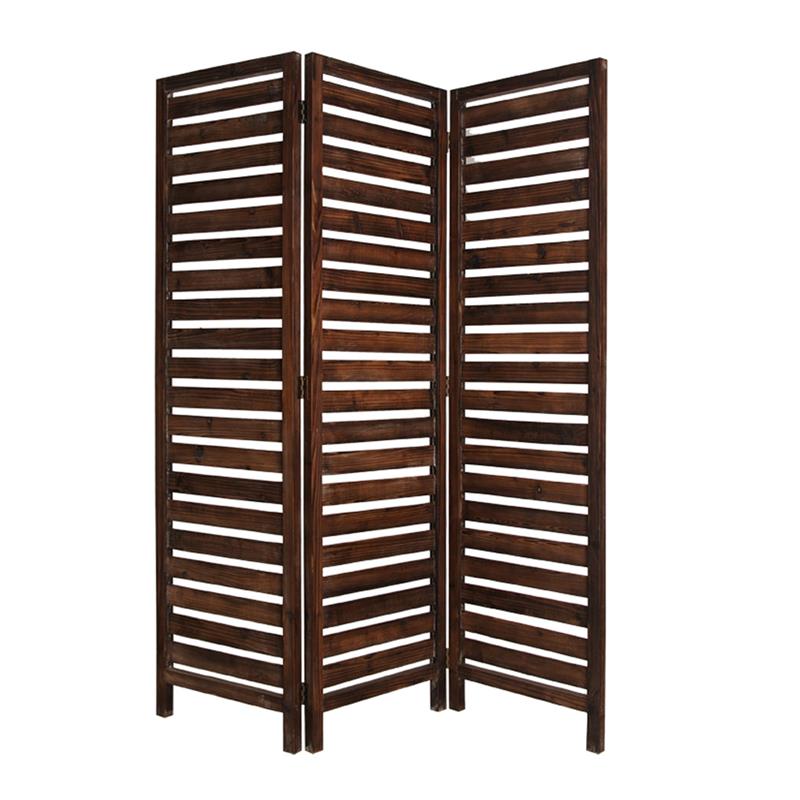 3 Panel Foldable Wooden Screen with Louver Pattern in Dark Brown