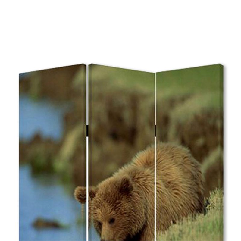 3 Panel Foldable Wooden Screen with Bear Print in Blue and Brown