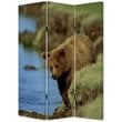 3 Panel Foldable Wooden Screen with Bear Print in Blue and Brown