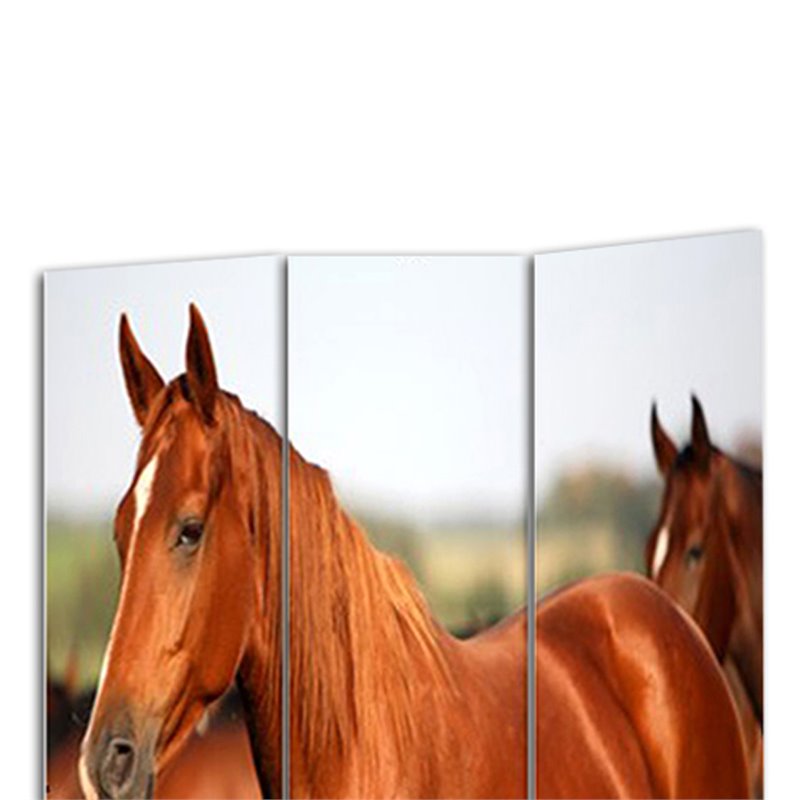 3 Panel Foldable Wooden Screen with Horse Print in Brown