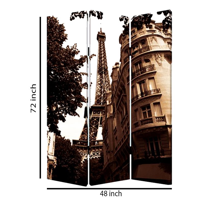 3 Panel Foldable Canvas Screen with Eiffel Tower Print in Brown