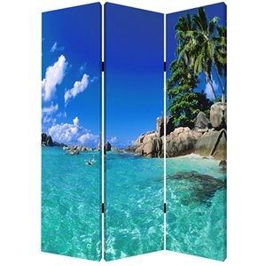 3 panel foldable canvas screen with exotic oceanside print in multicolor