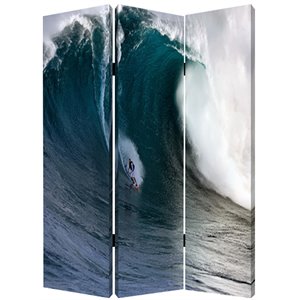 surfing high wave print foldable canvas screen with 3 panels in blue
