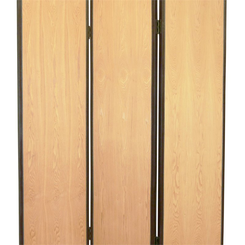 Foldable 3 Panel Wooden Screen with Faux Leather Trim in Brown