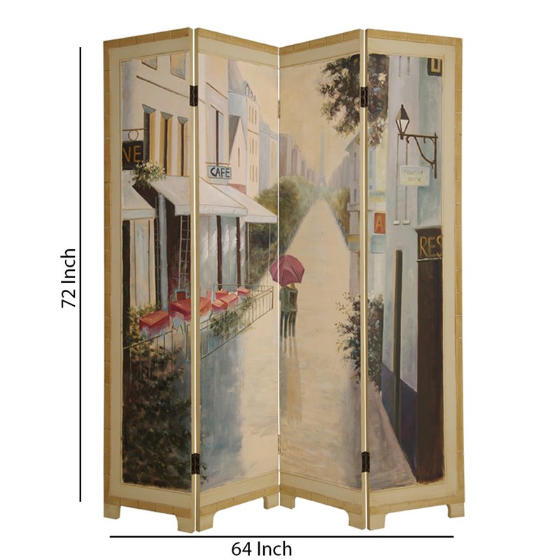 Wooden Screen with Artwork of Hand Painted Paris Promenade in Multicolor