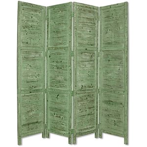 wooden 4 panel foldable floor screen with textured panels in green