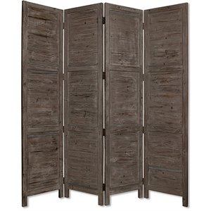 wooden 4 panel foldable floor screen with textured panels in gray
