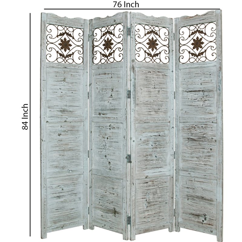 Wooden 4 Panel Screen with Textured Panels and Scrolled Details in White