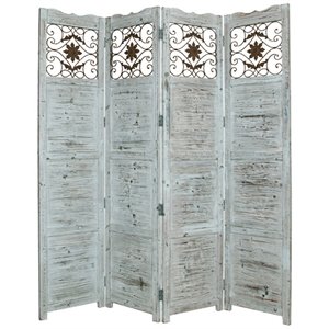 wooden 4 panel screen with textured panels and scrolled details in white