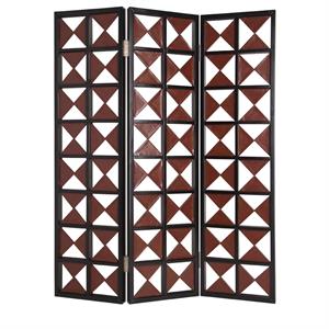 3 panel room divider with symmetric triangle cutout pattern in large inbrown