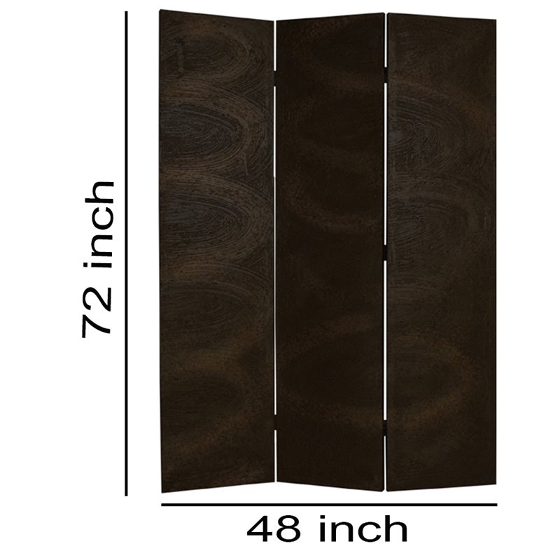 Foldable 3 Panel Canvas Room Divider with Swirl Details in Dark Brown