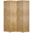 4 Panel Foldable Room Divider with Patterned Wood Panelling in Gold
