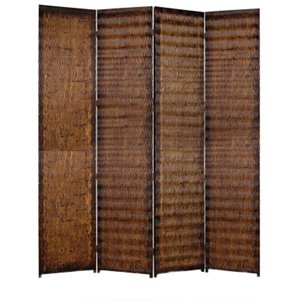 dual tone 4 panel wooden foldable room divider with wavy design in brown