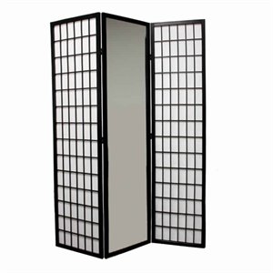 wooden grid frame 3 panel room divider with mirror in black and white