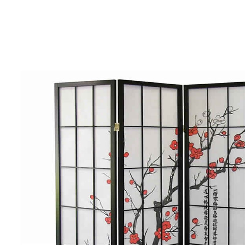 Plum Blossom Print Wood and Paper 4 Panel Room Divider in Red and Black