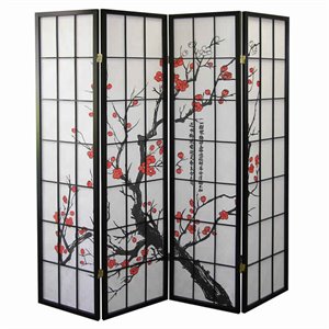 plum blossom print wood and paper 4 panel room divider in red and black